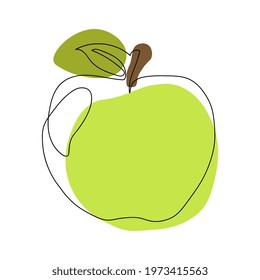 Continuous one line drawing apple. Vector illustration. Black line art on white background with colorful spots. 