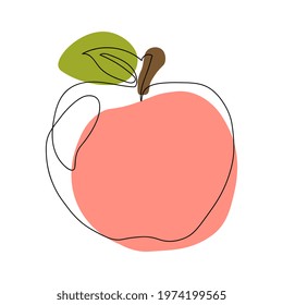 Continuous one line drawing apple. Vector illustration. Black line art on white background with colorful spots. 