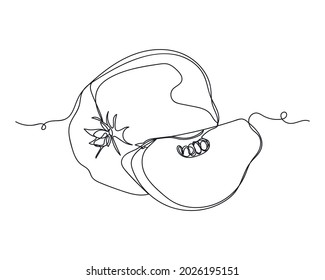 Dibujo continuo de una línea de membrillo de manzana y pieza de membrillo en silueta sobre fondo blanco. Linear estilizado.Minimalista.