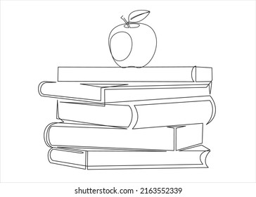 Continuous one line drawing of apple above books stack minimalist vector illustration design on white background. Isolated simple line modern graphic style. Hand drawn graphic concept for education