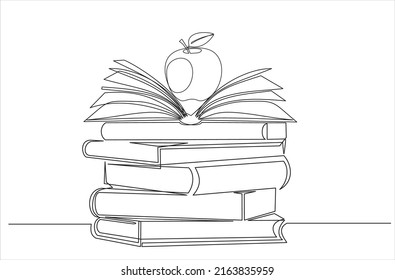 Continuous one line drawing of apple above books stack minimalist vector illustration design on white background. Isolated simple line modern graphic style. Hand drawn graphic concept for education