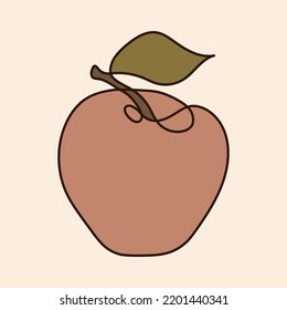 Continuous one line drawing of an apple with a leaf isolated on beige background