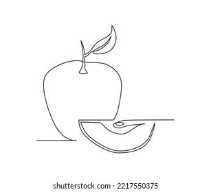 Continuous one line drawing of apple Fruit with leaf. slice of apple fruit hand drawn single line art vector illustration.