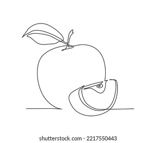 Dibujo continuo de una línea de manzana Fruta con hoja. trozo de manzana de la ilustración de un vector de arte de una sola línea dibujada a mano.