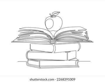 Continuous one line drawing of apple above books stack minimalist vector illustration design on white background. Isolated simple line modern graphic style. Hand drawn graphic concept for education