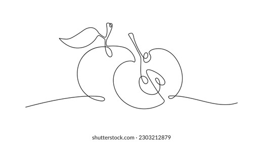 Continuous one line drawing apple and apple half. Farmer market Logo concept Abstract hand drawn fruit by one line. Minimalist black line sketch on white. Fashionable natural food vector illustration