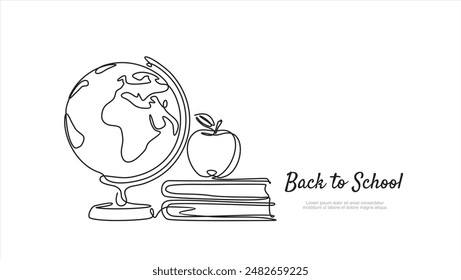 Continuous one line drawing of apple above books stack and earth globe, minimalist vector illustration design on white background. Back to school concept. Hand drawn graphic concept for education	