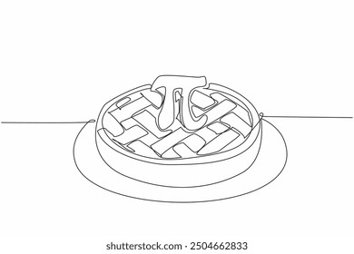 Kontinuierliche einzeilige Zeichnung Apfelkuchen runden Kuchen mit Pi-Zeichen in der Mitte. Mathematik ist einfach. Die Formel ist süß wie ein Snack. Metapher. Pi-Tag. Vektorgrafik mit einfarbiger Zeichnung