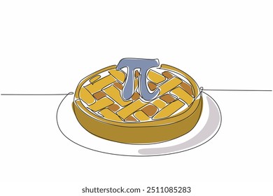 Kontinuierliche einzeilige Zeichnung Apfelkuchen runden Kuchen mit Pi-Zeichen in der Mitte. Mathematik ist einfach. Die Formel ist süß wie ein Snack. Metapher. Pi-Tag. Vektorgrafik mit einfarbiger Zeichnung