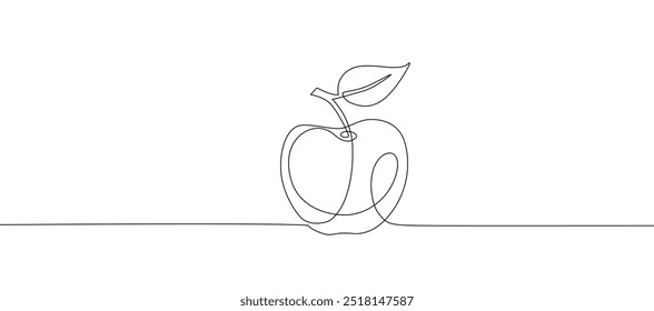  Continuous one line drawing of apple with leaf. Vegan fruit for health in simple linear style. Editable stroke. Doodle vector illustration