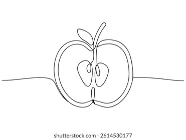 Continuous one line drawing of an apple outline in minimalist black and white style for modern wall art decor

