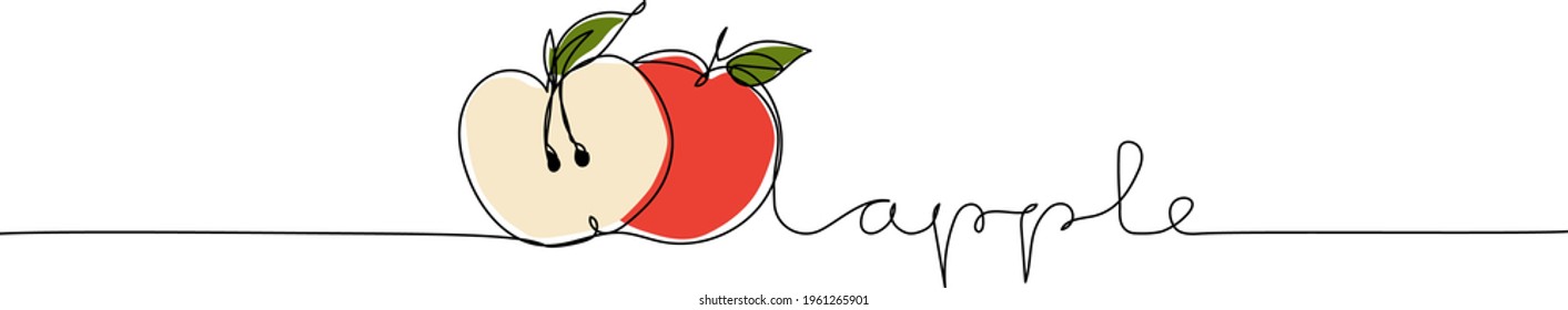 Continuous one line drawing of apples with text Apple. Modern minimalist art.