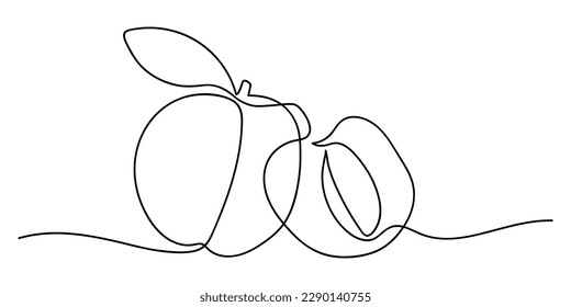 Continuous one line drawing apricot fruit. Farmer market Logo concept. Abstract hand drawn fruit by one line. Minimalist black line sketch on white background. Fashionable trend vector illustration
