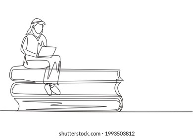 Continuous one line drawing Arab male studying with laptop and sitting on pile of big books. Back to campus, intelligent student, online education. Single line draw design vector graphic illustration