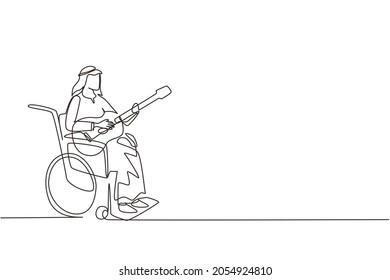 Continuo dibujo de una línea de un árabe sentado en silla de ruedas con música acústica de guitarra, cantando canciones. Discapacitado físicamente. Paciente del centro de rehabilitación. ilustración vectorial de diseño de línea única