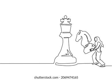 Continuous one line drawing Arab businesswoman holding knight chess piece to beat king chess. Strategic planning, business development strategy, tactic entrepreneurship. Single line draw design vector