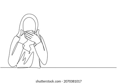 Continuous one line drawing Arab woman covering mouth with hands. Female mouth with hand shocked with shame for mistake, expression of fear, scared in silence, secret. Single line draw design vector