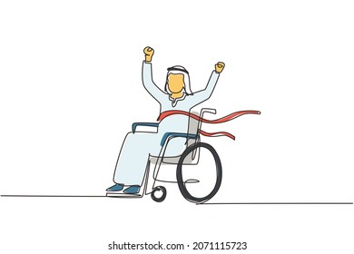 Continuous One Line Drawing Arab Male Young Wheelchair User Crossing Red Finish Line. Happy Winner, Successful Champion. Society, Disabled People Community. Single Line Draw Design Vector Illustration