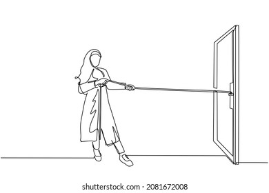 Continuous one line drawing Arab businesswoman pulling rope to drag door, metaphor to facing big problem. Business struggles. Strength for success. Single line draw design vector graphic illustration