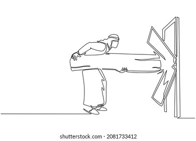 Continuous one line drawing Arab businessman holding large log and destroying door. Overcome challenges, and destroying obstacle with power and brute force. Single line draw design vector illustration