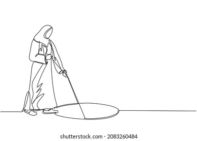 Continuous one line drawing Arab businesswoman stretch out rope into hole. Woman wondering, looking at big hole, business concept in opportunity, exploration, challenge. Single line draw design vector