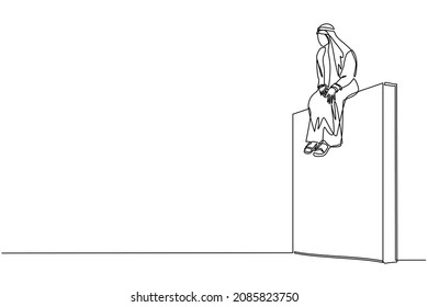 Una línea contínua que entristece al empresario árabe sentarse en la pared pensando en la pérdida de ganancias, la crisis y las pérdidas financieras en el mercado comercial. Concepto de negocio de evaluación. Vector de diseño de tracción de línea única