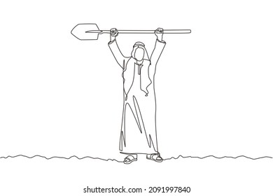 Kontinuierlich eine Linie zeichnen arabische Geschäftsmann stehen und heben große Schaufel. Geschäftskonzept. Stellt harte Arbeit, Erfolg, Leistung, Entdeckung dar. Vektorgrafik-Illustration mit Einzelzeilenzeichnung
