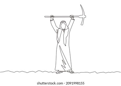 Continuous one line drawing Arab businessman standing and lifting big pickaxe. Business concept. Depicts hard work, success, achievement, discovery. Single line draw design vector graphic illustration