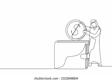 Continuous one line drawing Arab businessman putting dollar coin into big wallet. Direct payment, paying by cash, money transfer, personal financial transaction. Single line draw design vector graphic