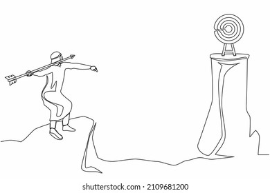 Continuous one line drawing Arab businessman standing on peak of cliff targeting dartboard with big arrow. Man aiming target on cliff. Success business metaphor. Single line draw design vector graphic
