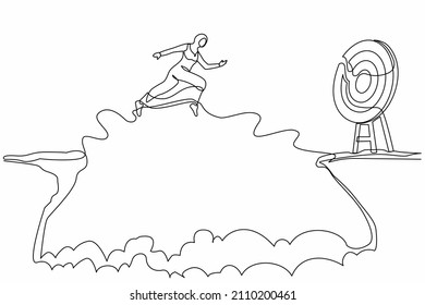 Continuous one line drawing Arab businesswoman jumping over cliff to reach target. Success move while taking risk. Entrepreneur challenges, motivation, personal growth. Single line draw design vector