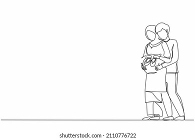 Continuous one line drawing Arab pregnant woman and her husband holding baby shoes and hugging tummy. Pregnant woman holding baby shoes while husband touching her belly. Single line draw design vector