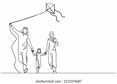 Continuous one line drawing Arab family weekend with parents and child walking in park. Fun family running, rest at nature on vacation. Dad, mom, and son launches kite. Single line draw design vector