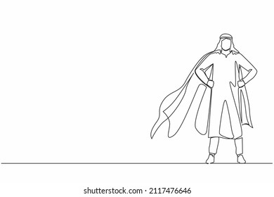 Continuous one line drawing Arab businessman wearing superhero cloak. Full length of businessman dressed as superhero. Successful businessman superhero. Single line design vector graphic illustration