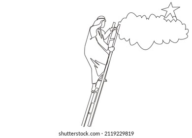 Continuous one line drawing Arab businessman climbing ladder to reach out for stars. Businessman climbing to goal. Motivation to be success, winner, finish, win. Single line draw design vector graphic