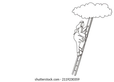 Continuous one line drawing Arab businessman climbing up career ladder to cloud. Successful rising business development. Professional growth and promotion. Single line draw design vector illustration