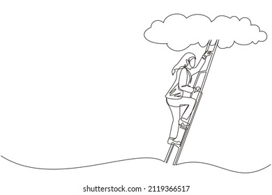Continuous one line drawing Arab businesswoman climbing up career ladder to cloud. Successful rising business development. Professional growth promotion. Single line design vector graphic illustration