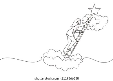 Continuous one line drawing Arab businesswoman climbing ladder to reach out for stars. Businesswoman climbing to goal. Motivation to be success, winner, finish, win. Single line design vector graphic