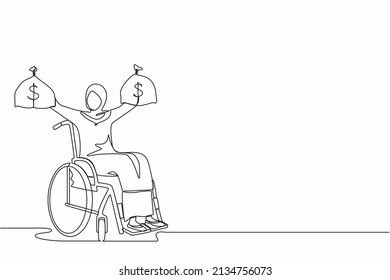 Continuous One Line Drawing Arab Businesswoman Holding Dollar Money Bag. Disability Insurance Benefit Payments For Disabled Wheelchair Woman. Protection Program. Single Line Draw Design Vector Graphic