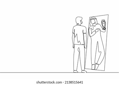 Continuous one line drawing Arab businessman looking at mirror and seeing in reflection of himself with holding gold medal, person overestimate himself, self confidence. Single line draw design vector