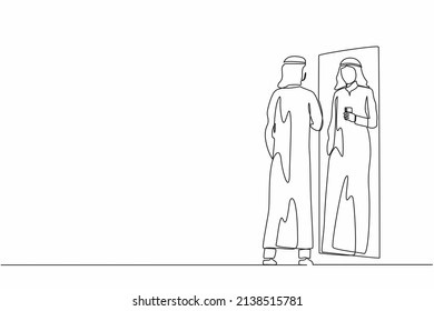 Continuous one line drawing Arab businessman wearing Arabian clothes making selfie in stand in front of mirror. Man taking selfie. Addiction on smartphone, internet. Single line design vector graphic