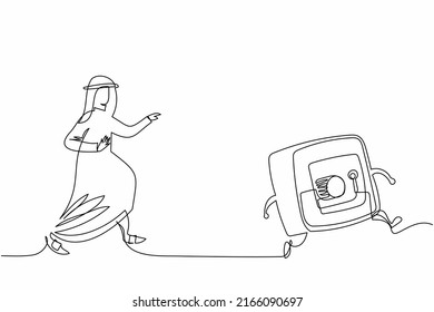 Continuous one line drawing Arab businessman run chasing deposit box. Protect money, coins, gold, paper. Financial security, savings dollars. Business metaphor. Single line draw design vector graphic