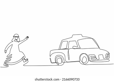 Continuous one line drawing Arab businessman running chasing taxi. Arabian manager in a hurry running to get a car, move with great haste to catch public transportation. Single line draw design vector