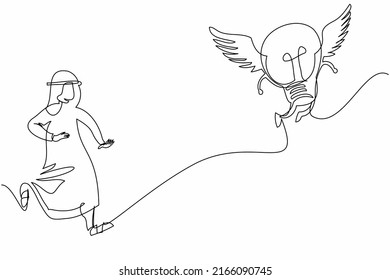 Continuous one line drawing Arab businessman chasing and catch flying light bulb. Capture new business ideas, search for innovation, creativity, invention. Single line draw design vector illustration