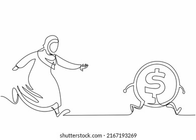 Kontinuierlich eine Linie zeichnen arabische Geschäftsfrau jagen Dollarmünze. Büroangestellte wollen so viel Geld wie möglich bekommen. Arabianischer Manager, der Erfolg sucht. Vektorgrafik-Illustration mit Einzelzeilenzeichnung