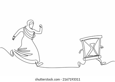 Continuous one line drawing Arab businesswoman chasing hourglass. Time management and finish business project. Concept of deadline, finishing work. Single line draw design vector graphic illustration