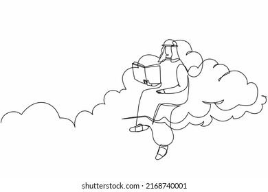 Continuous one line drawing Arab businessman sitting on cloud reading book. Education to pursuit career path growth. Office worker study literature. Single line draw design vector graphic illustration