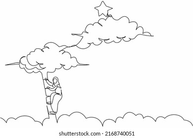 Continuous one line drawing Arab businesswoman climbing ladder to reach out for stars. Office worker climb career path goal. Successful motivation. Single line draw design vector graphic illustration