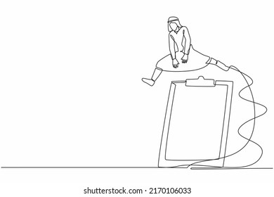 Continuous one line drawing Arab businessman jumping over big clipboard. Paper sheet document questionnaire. Successful completion of business task. Single line draw graphic design vector illustration