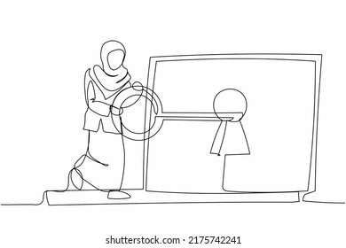 Continuous one line drawing Arab businesswoman put key into laptop computer. Internet security from hacker. Access to encrypted data protection information. Single line draw design vector illustration